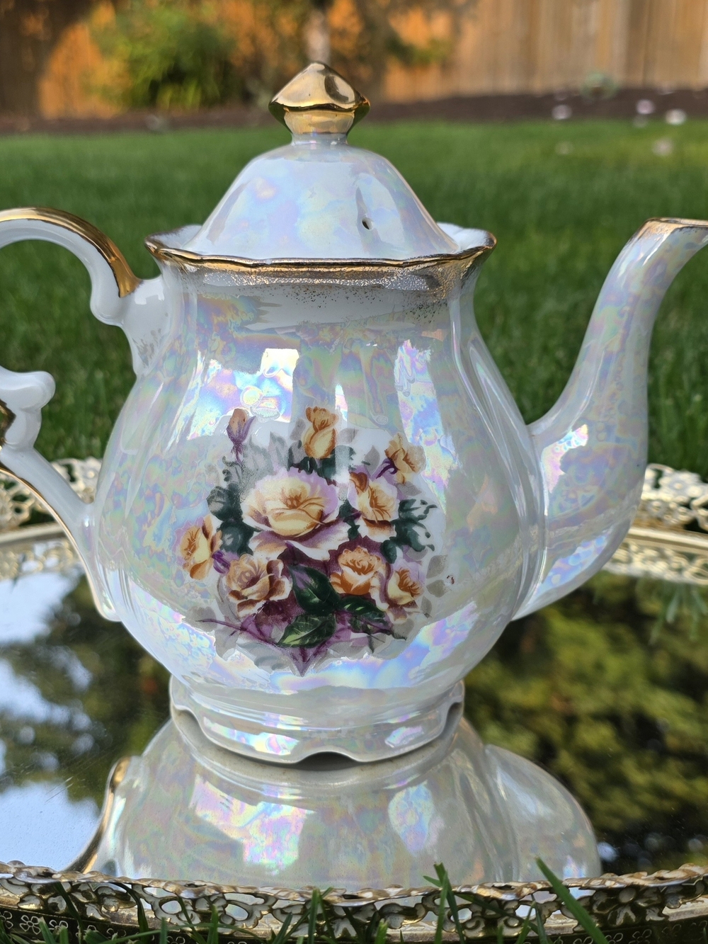 Vintage Iridescent Floral Porcelain Teapot with Gold Trim By Ucagco